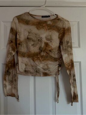 boohoo Brown Swirl Tie-Dye Long Sleeve Crop Top
